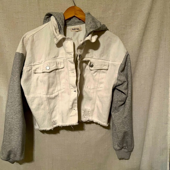 Peach Love California Color Block Hooded Jean Jacket  Size M - Picture 1 of 6